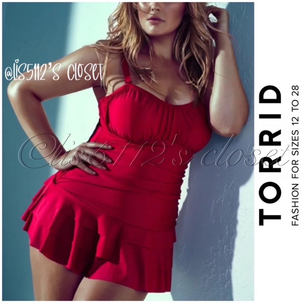 Torrid Red Retro Flounced Wireless One Piece Swimsuit Pinup Swim Dress 2X 18 20